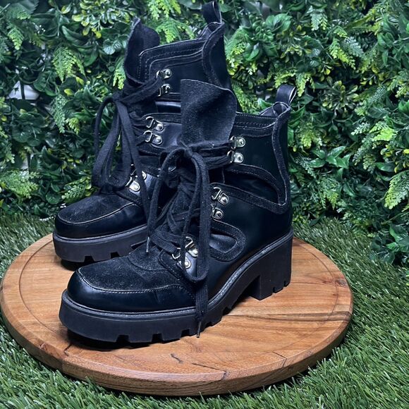 ZARA Boots Women 9 US 40 EU Black Moto Combat‎ Chunky Heel Lace Up Ankle 2111 - Picture 4 of 14